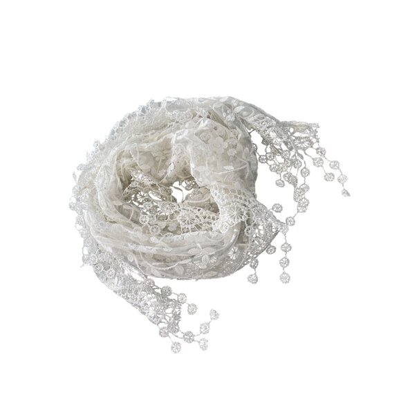 Sheer Floral Lace Shawl Scarf Elegant White Mesh Embroidered Triangle Bohemian - Picture 2 of 5